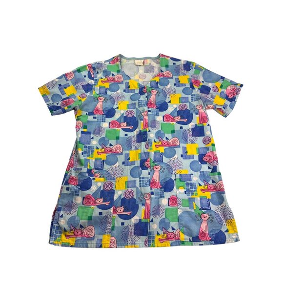 Fundamentally Cotton By White Swan Whimsical Cat Print Scrub Top S Snap Front - Picture 1 of 10